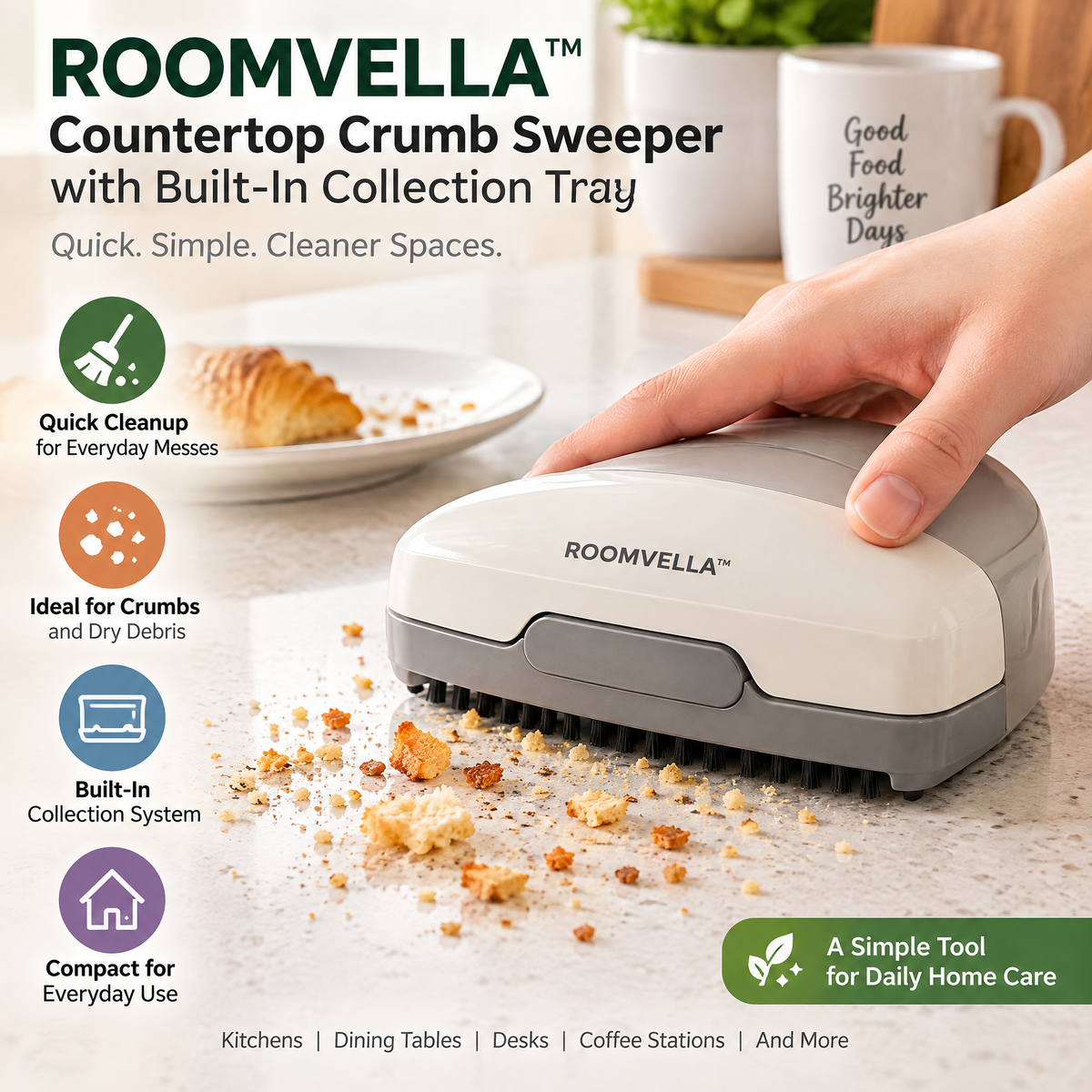 ROOMVELLA™ Countertop Crumb Sweeper with Built-In Collection Tray