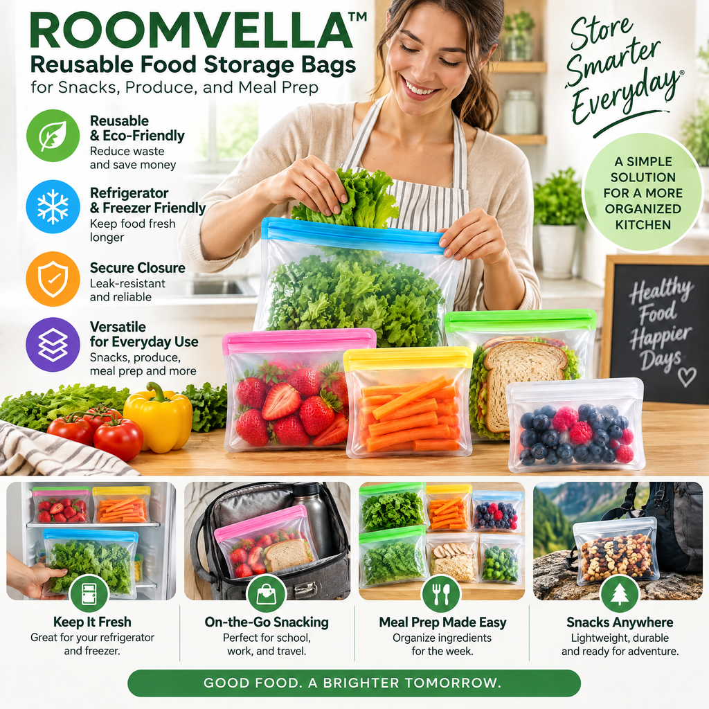 ROOMVELLA™ Reusable Food Storage Bags for Snacks, Produce, and Meal Prep