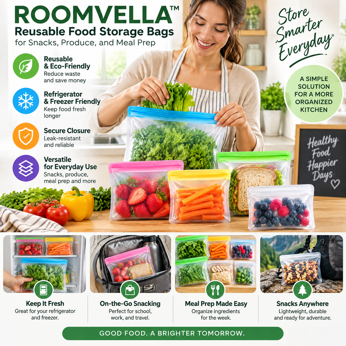 ROOMVELLA™ Reusable Food Storage Bags for Snacks, Produce, and Meal Prep