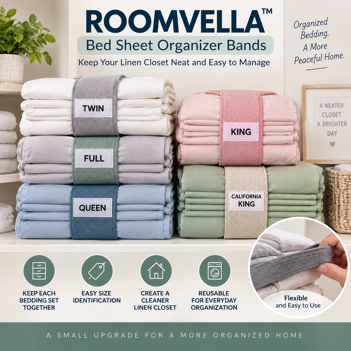 ROOMVELLA™ Bed Sheet Organizer Bands with Size Labels
