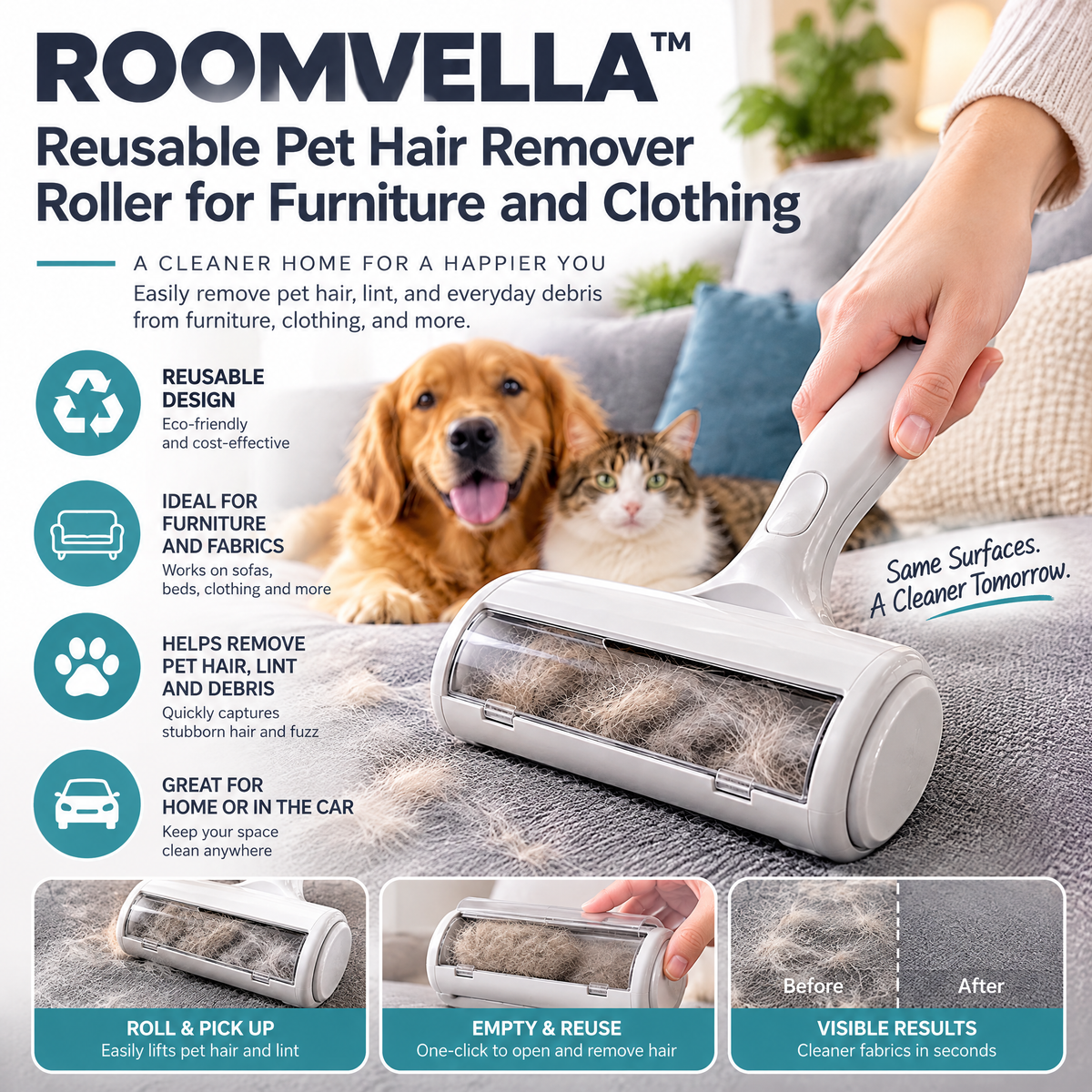 ROOMVELLA™ Reusable Pet Hair Remover Roller for Furniture and Clothing