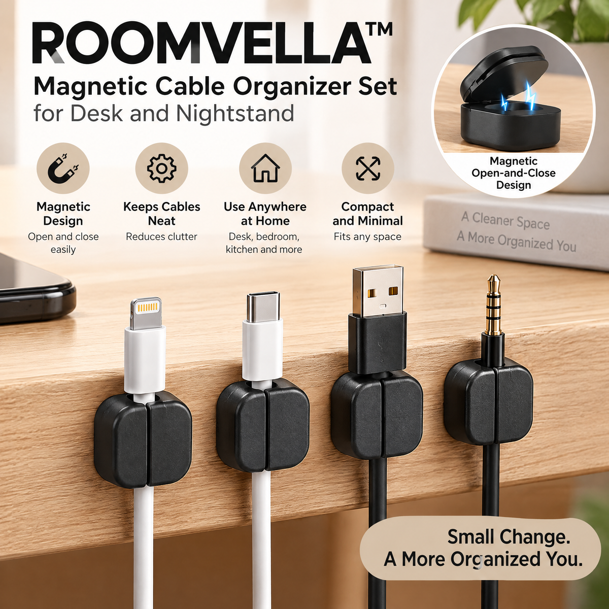 ROOMVELLA™ Magnetic Cable Organizer Set for Desk and Nightstand