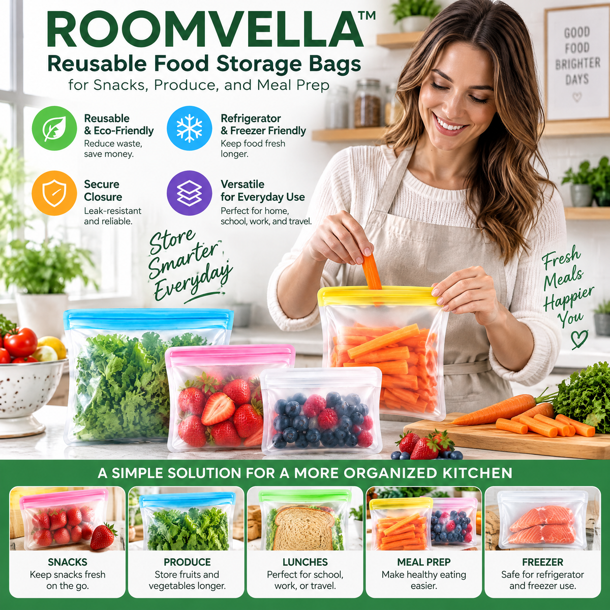 ROOMVELLA™ Reusable Food Storage Bags for Snacks, Produce, and Meal Prep