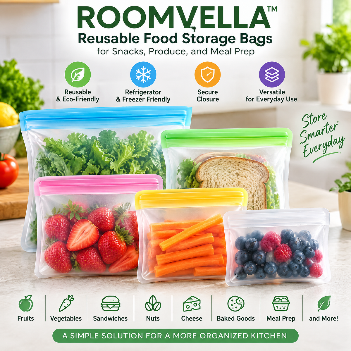 ROOMVELLA™ Reusable Food Storage Bags for Snacks, Produce, and Meal Prep