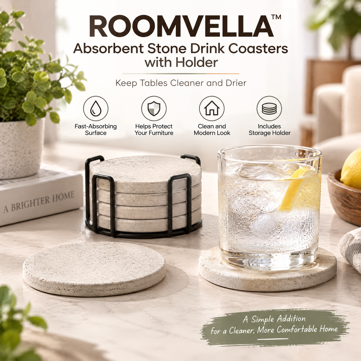 ROOMVELLA™ Absorbent Stone Drink Coasters with Holder