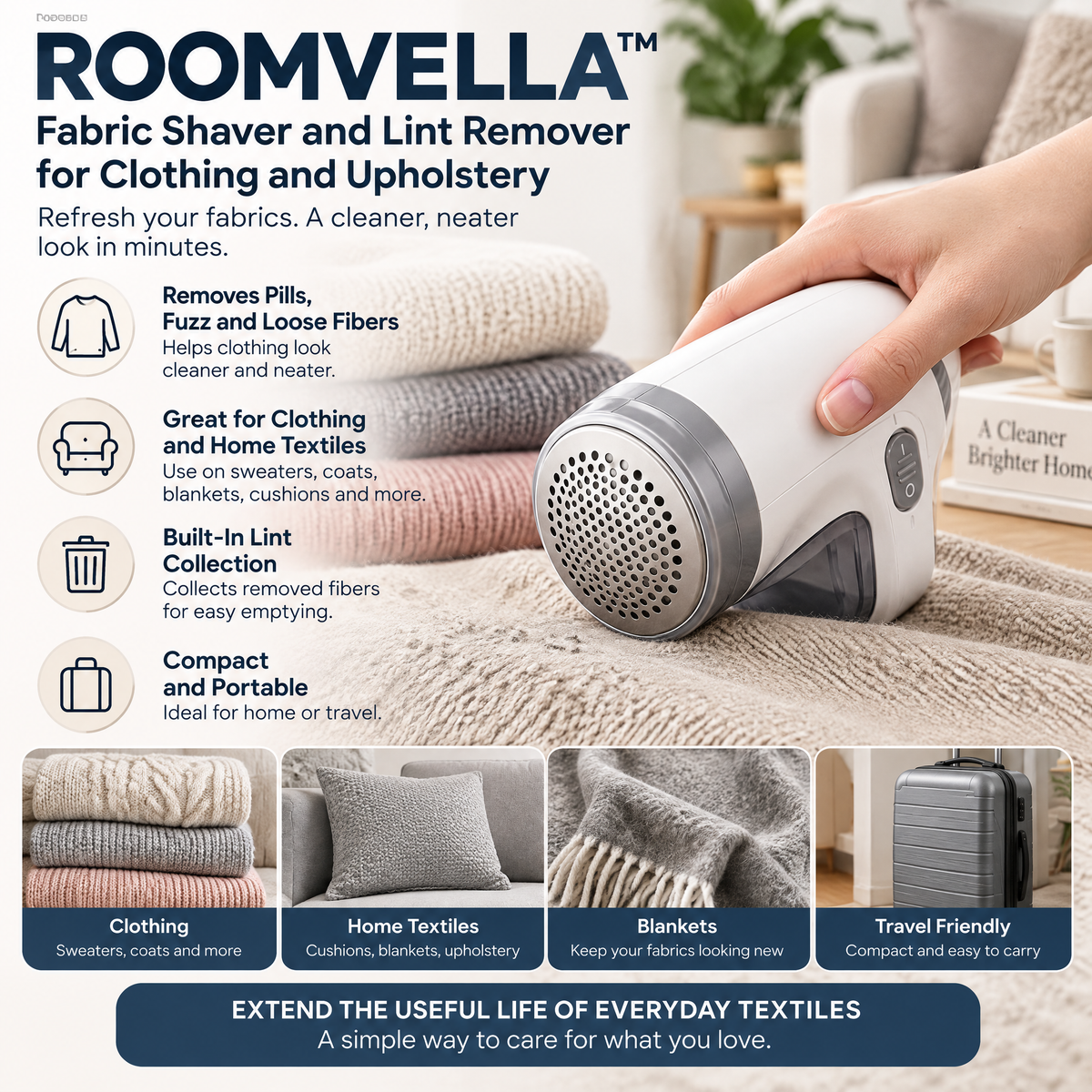 ROOMVELLA™ Fabric Shaver and Lint Remover for Clothing and Upholstery