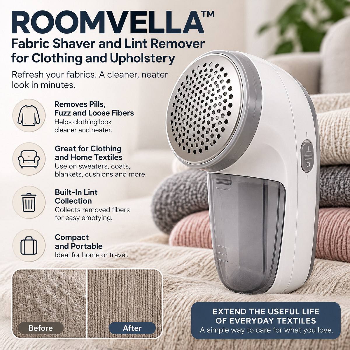 ROOMVELLA™ Fabric Shaver and Lint Remover for Clothing and Upholstery