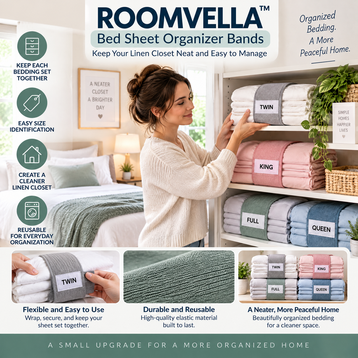 ROOMVELLA™ Bed Sheet Organizer Bands with Size Labels