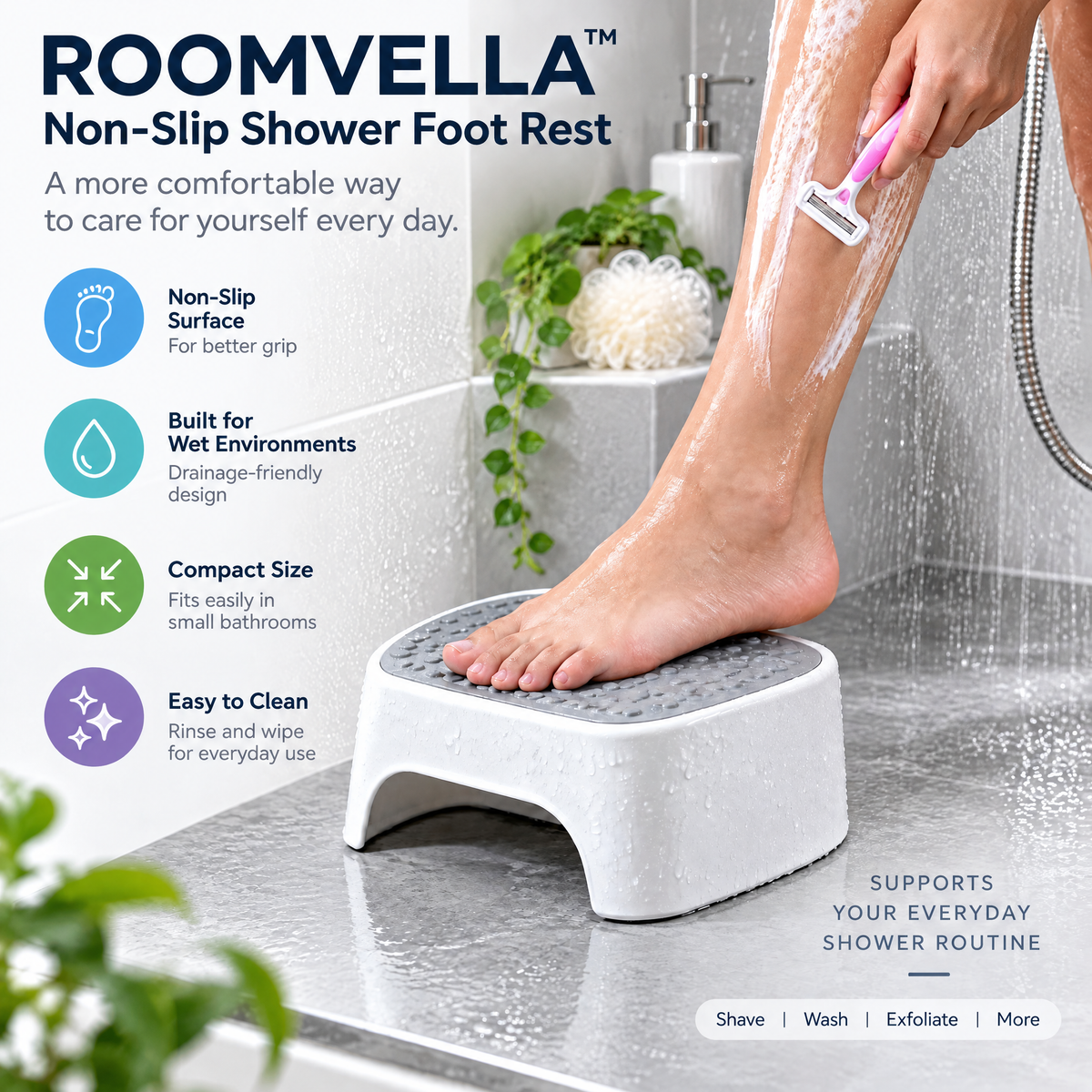 ROOMVELLA™ Non-Slip Shower Foot Rest for Shaving and Daily Bathing