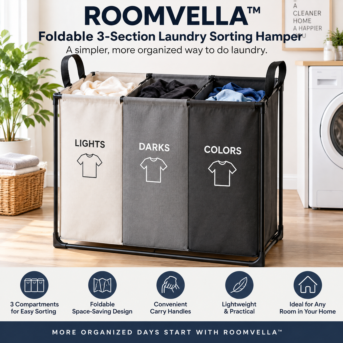 ROOMVELLA™ Foldable 3-Section Laundry Sorting Hamper with Handles