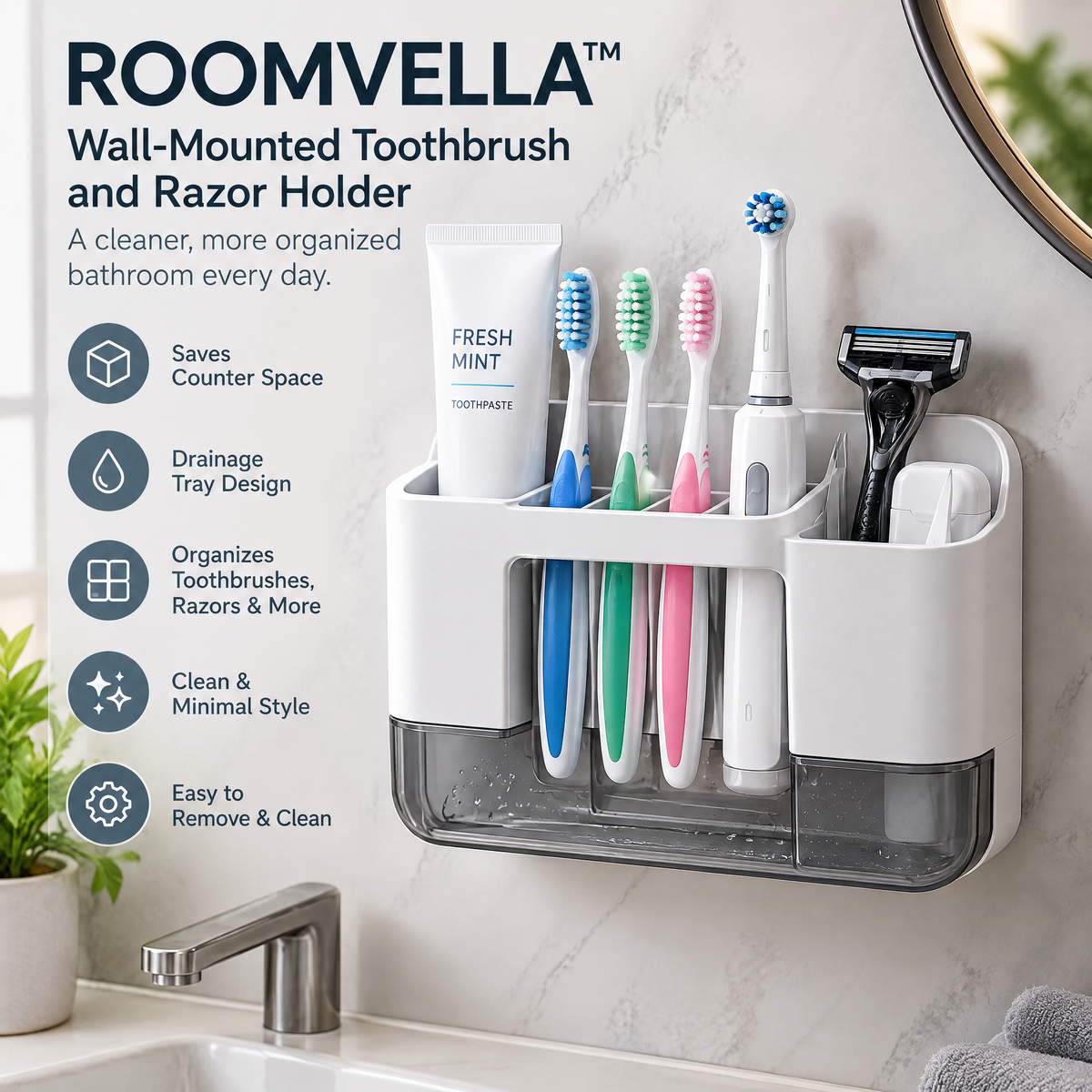 ROOMVELLA™ Wall-Mounted Toothbrush and Razor Holder with Drainage Tray