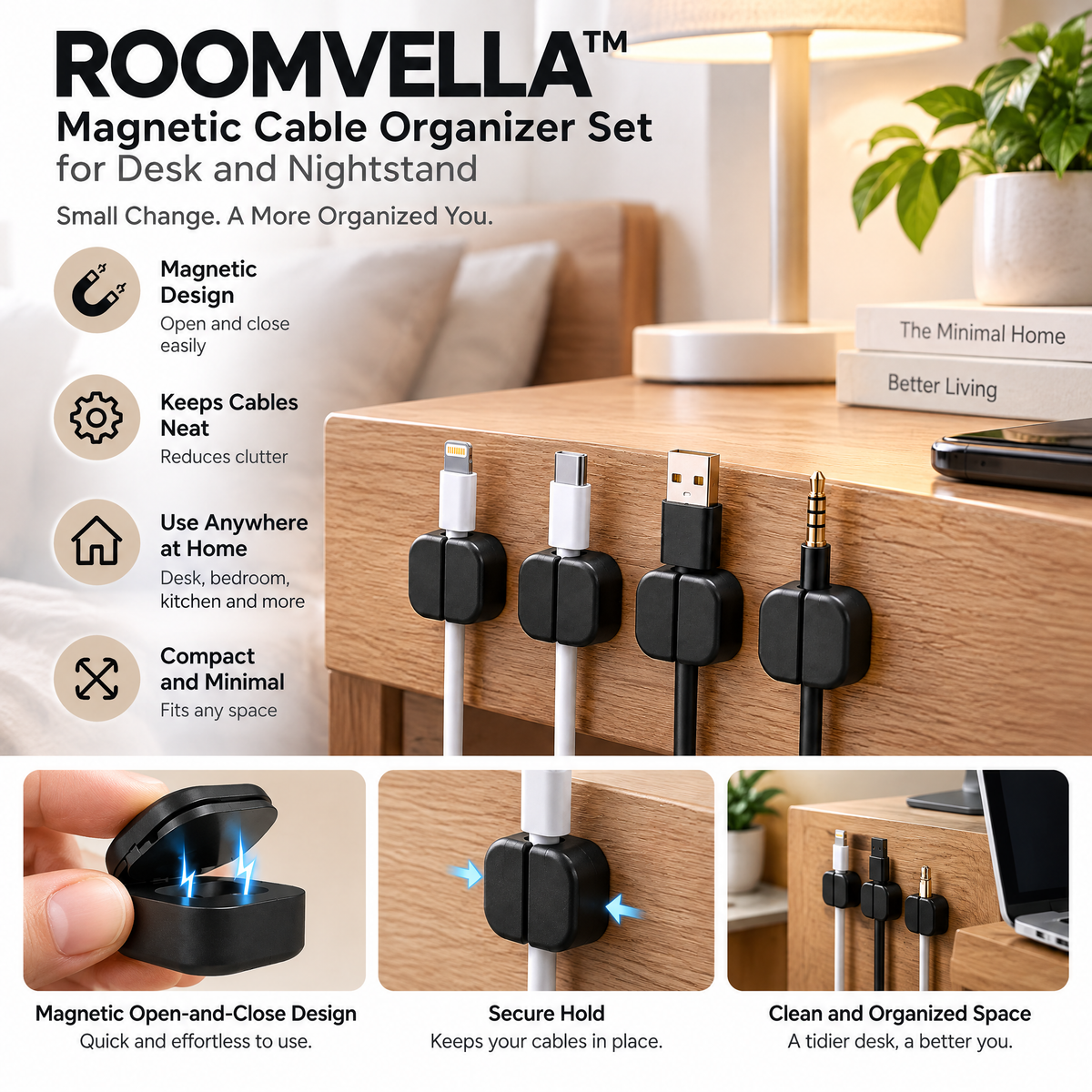 ROOMVELLA™ Magnetic Cable Organizer Set for Desk and Nightstand