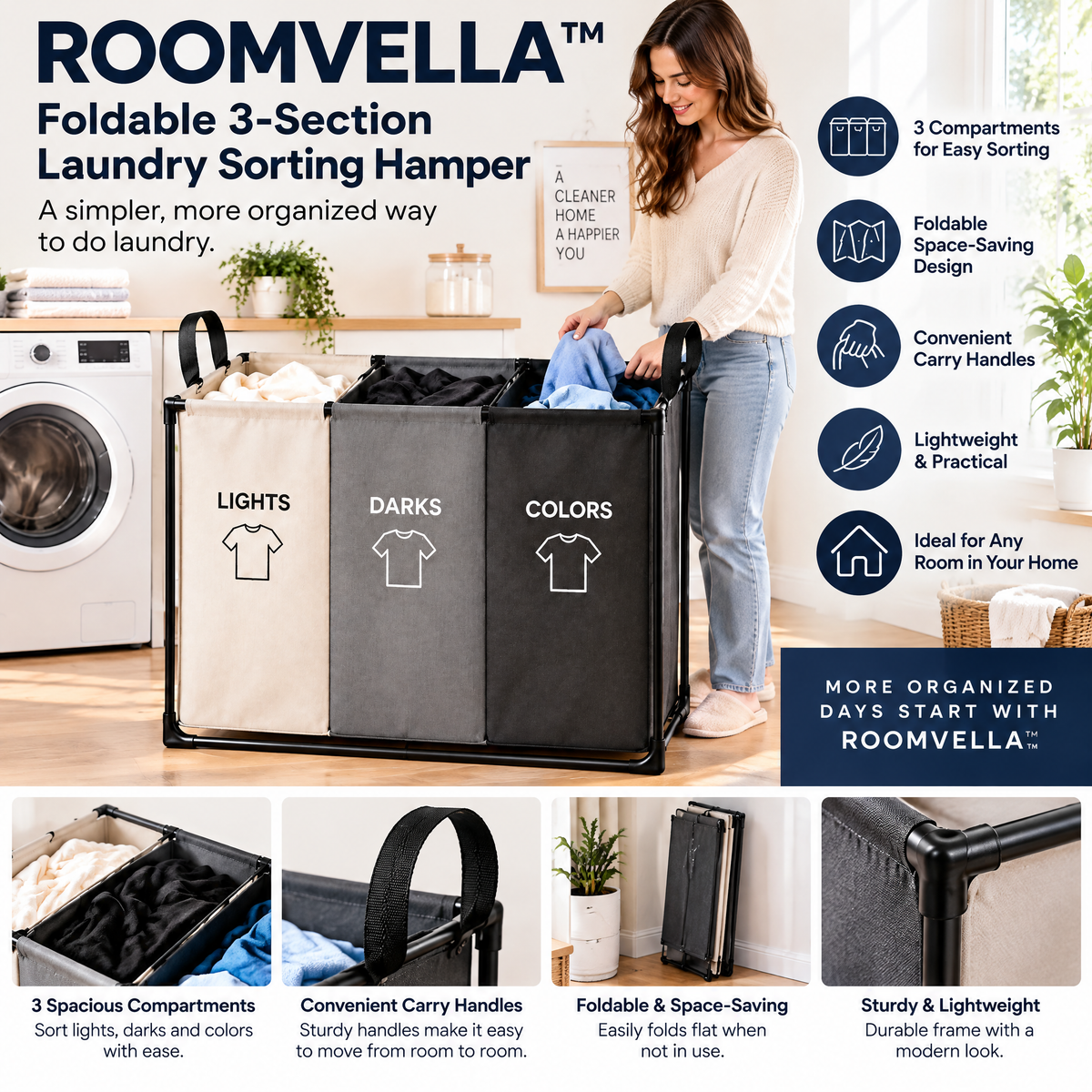 ROOMVELLA™ Foldable 3-Section Laundry Sorting Hamper with Handles