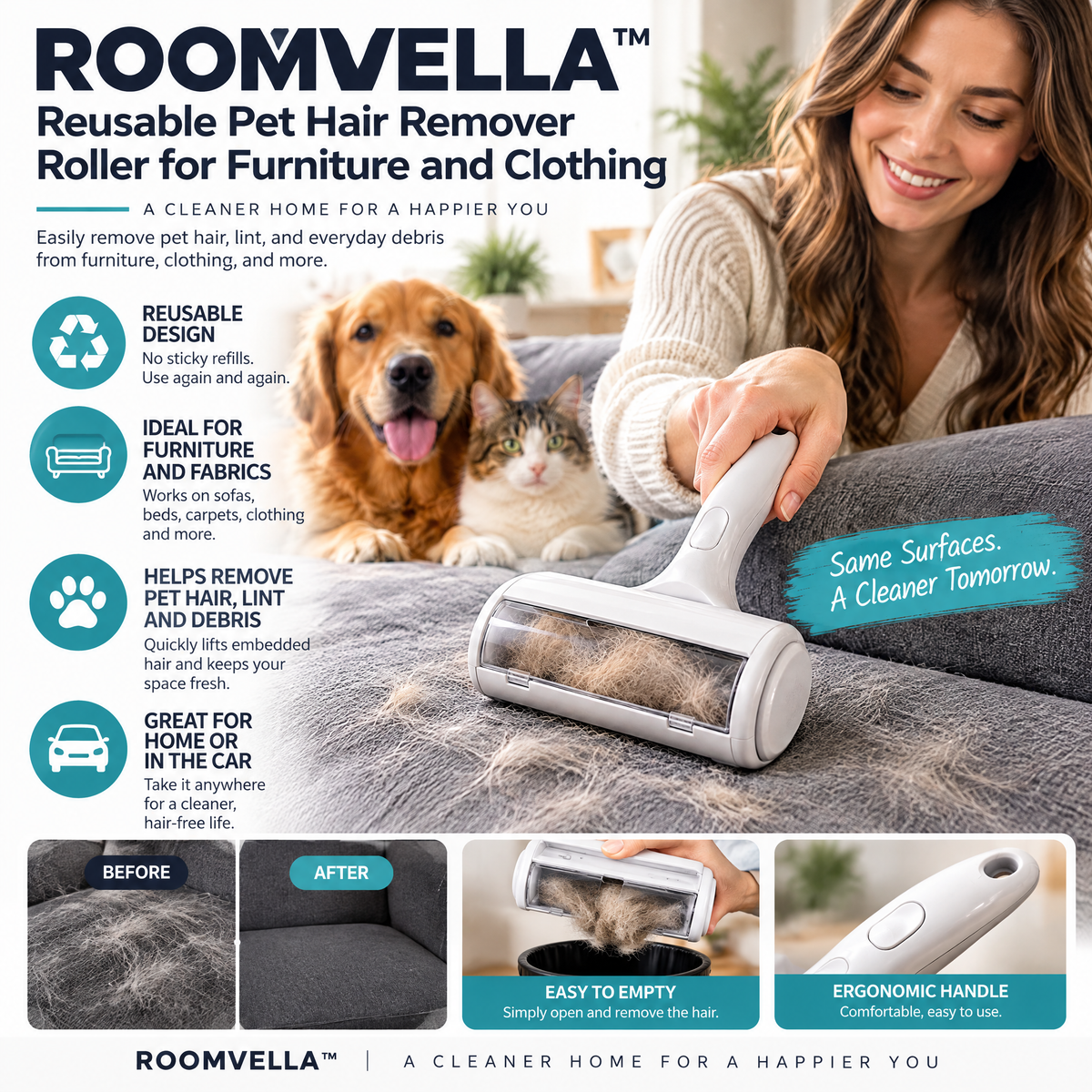ROOMVELLA™ Reusable Pet Hair Remover Roller for Furniture and Clothing