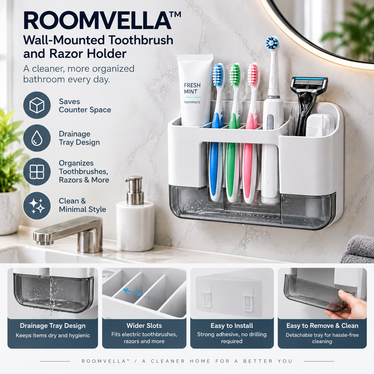 ROOMVELLA™ Wall-Mounted Toothbrush and Razor Holder with Drainage Tray