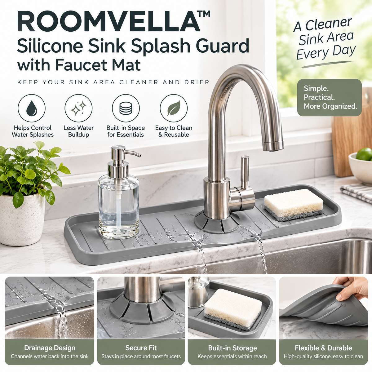 ROOMVELLA™ Silicone Sink Splash Guard with Faucet Mat