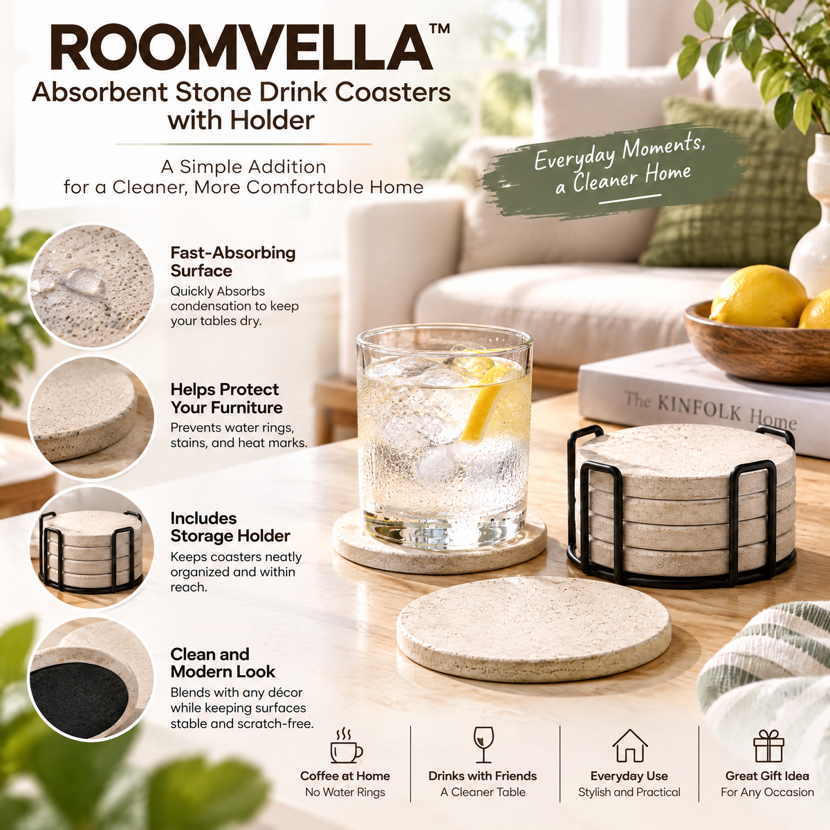 ROOMVELLA™ Absorbent Stone Drink Coasters with Holder