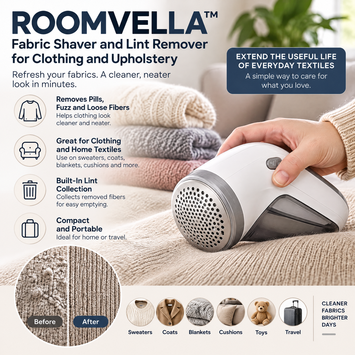 ROOMVELLA™ Fabric Shaver and Lint Remover for Clothing and Upholstery