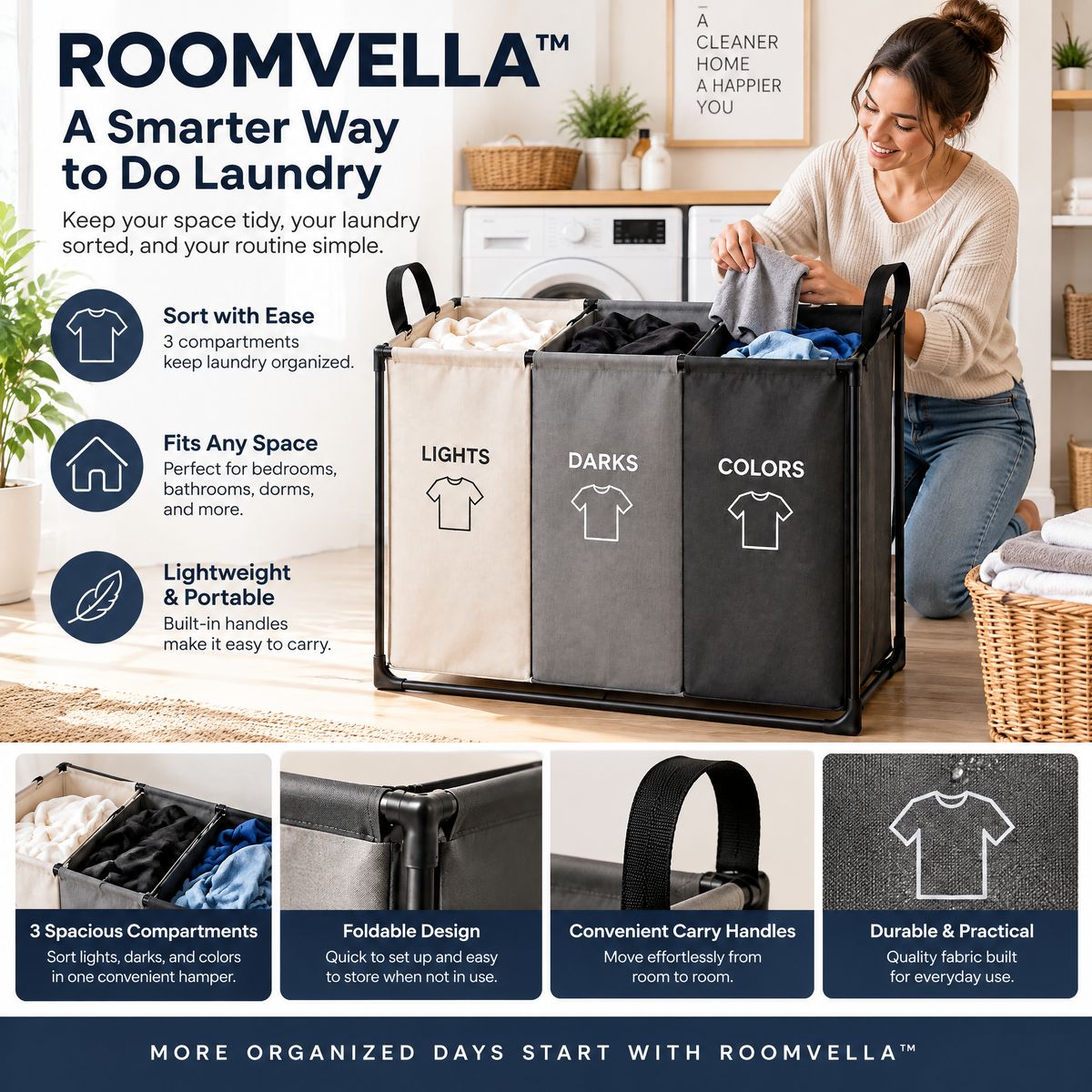 ROOMVELLA™ Foldable 3-Section Laundry Sorting Hamper with Handles