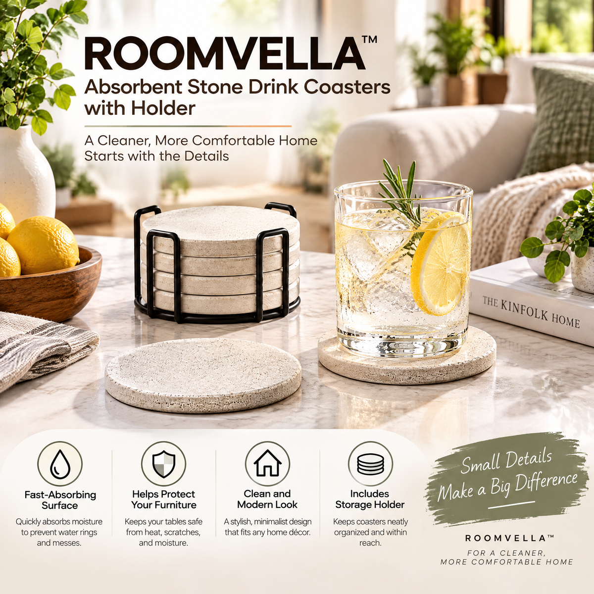 ROOMVELLA™ Absorbent Stone Drink Coasters with Holder