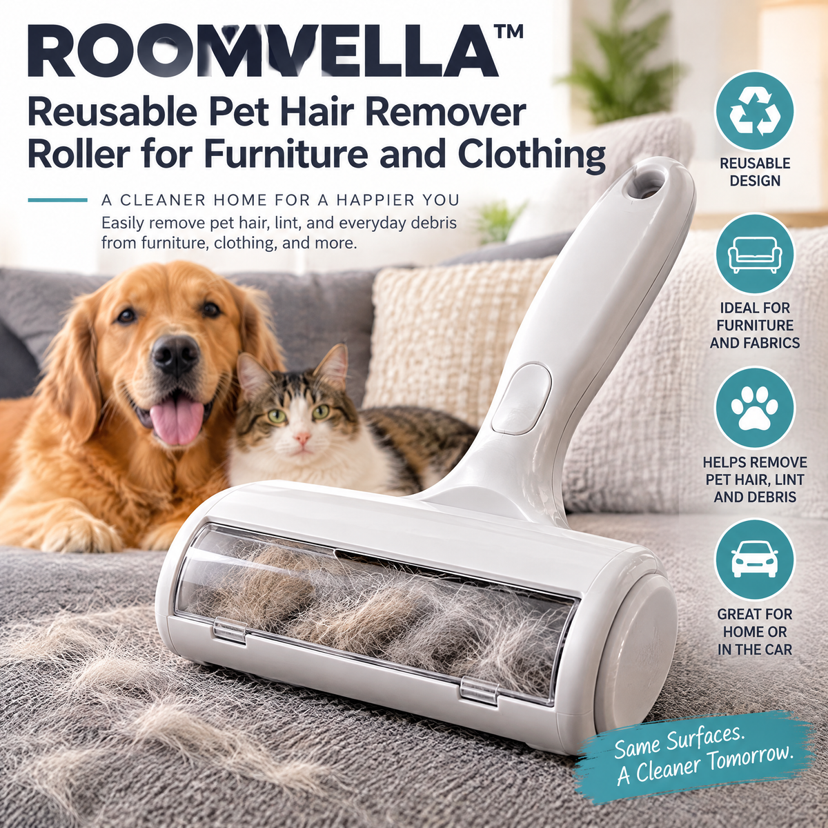 ROOMVELLA™ Reusable Pet Hair Remover Roller for Furniture and Clothing