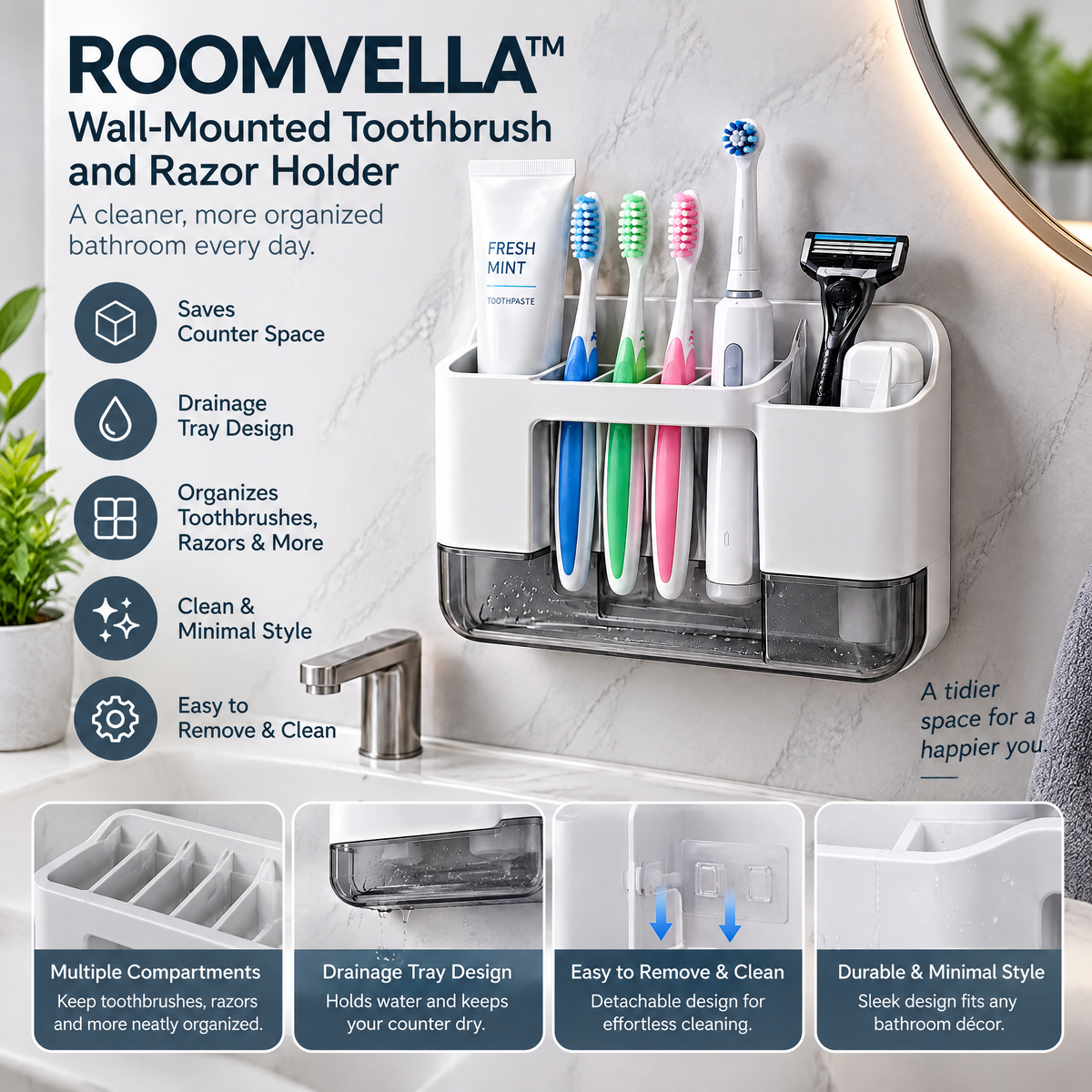ROOMVELLA™ Wall-Mounted Toothbrush and Razor Holder with Drainage Tray