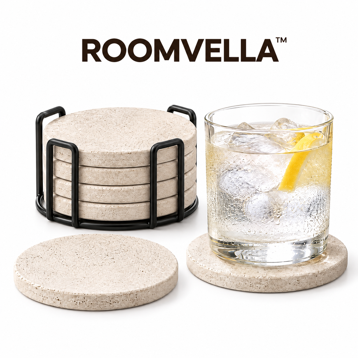 ROOMVELLA™ Absorbent Stone Drink Coasters with Holder